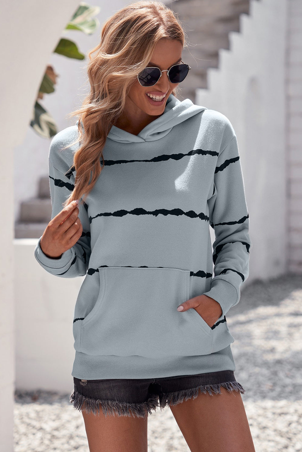 Buy steel Striped Drop Shoulder Hoodie with Kangaroo Pocket