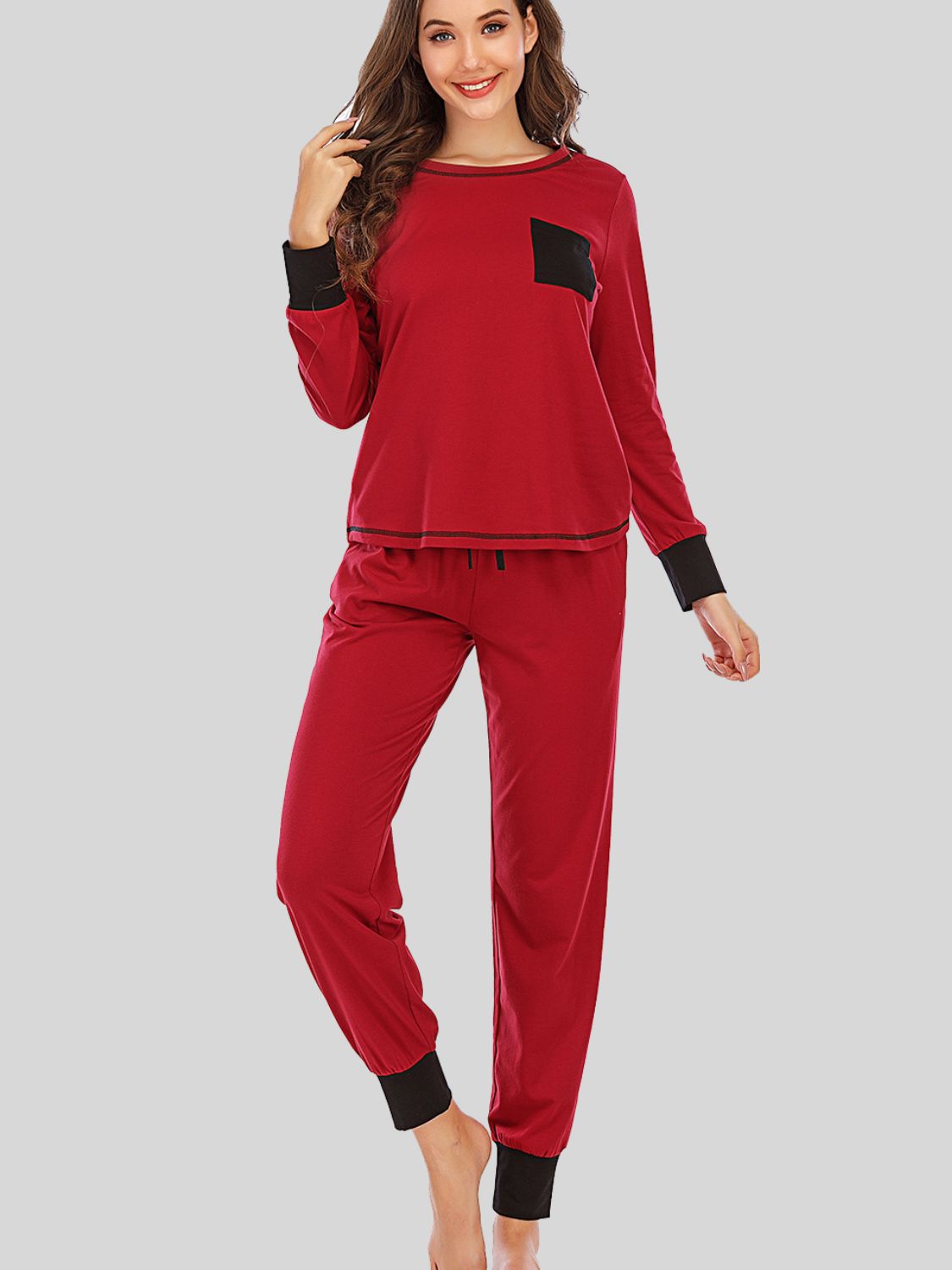 Buy wine Round Neck Top and Pants Lounge Set