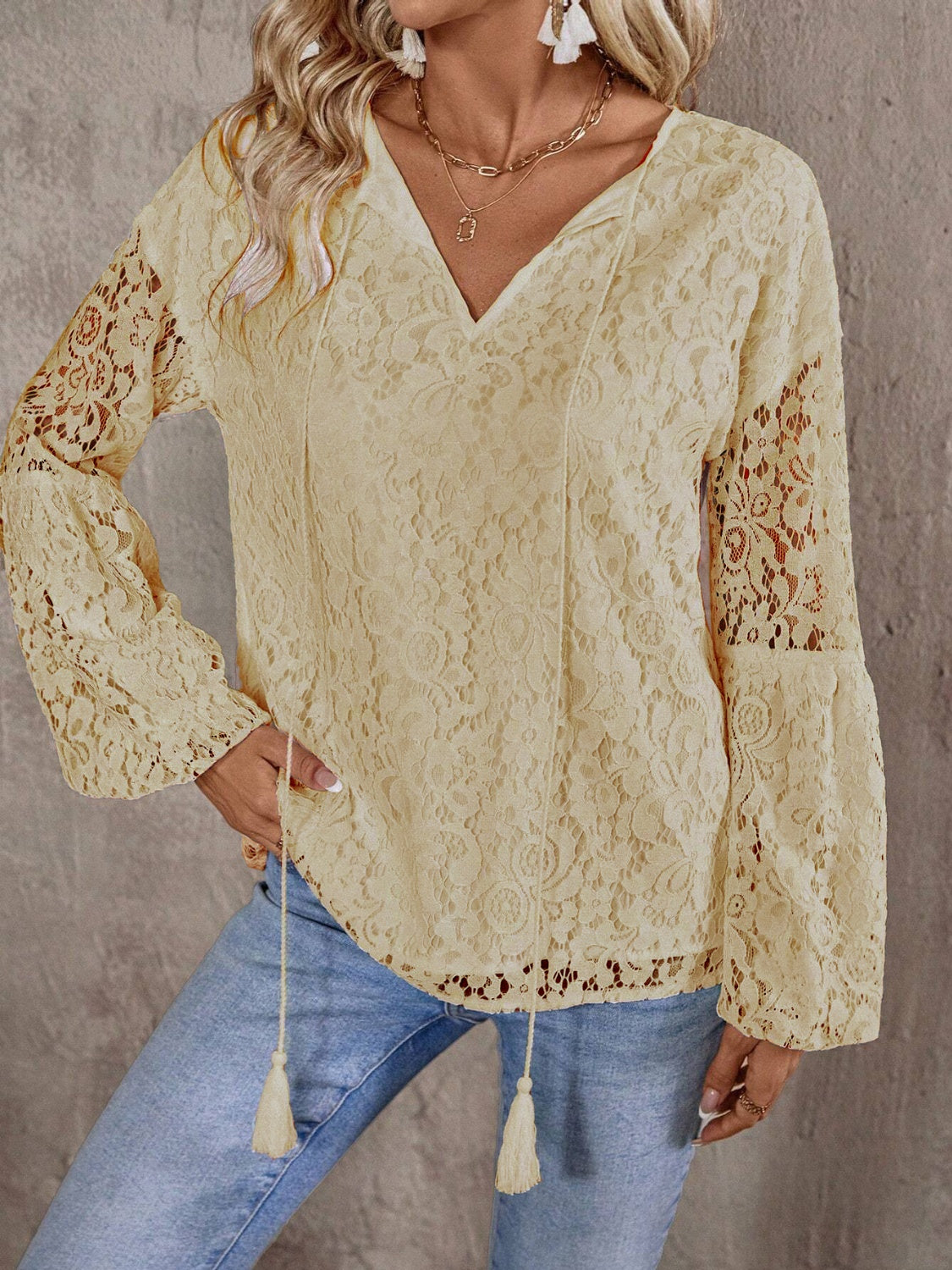 Buy tan Lace Tie Neck Long Sleeve Blouse