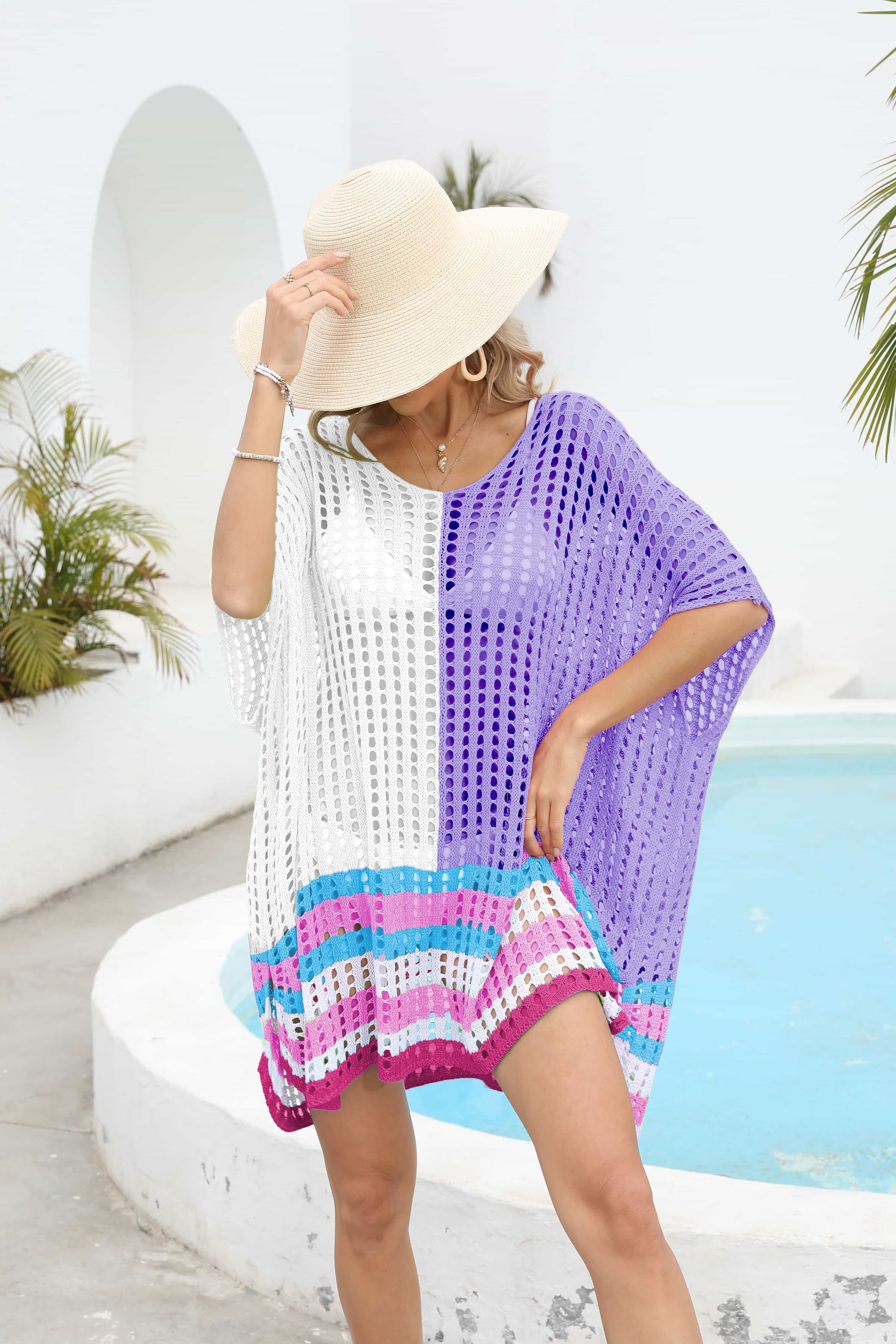 Buy purple Contrast Scoop Neck Openwork Half Sleeve Cover Up