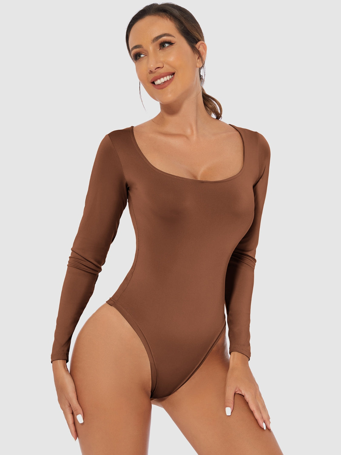 Buy brown Full Size Scoop Neck Long Sleeve Bodysuit