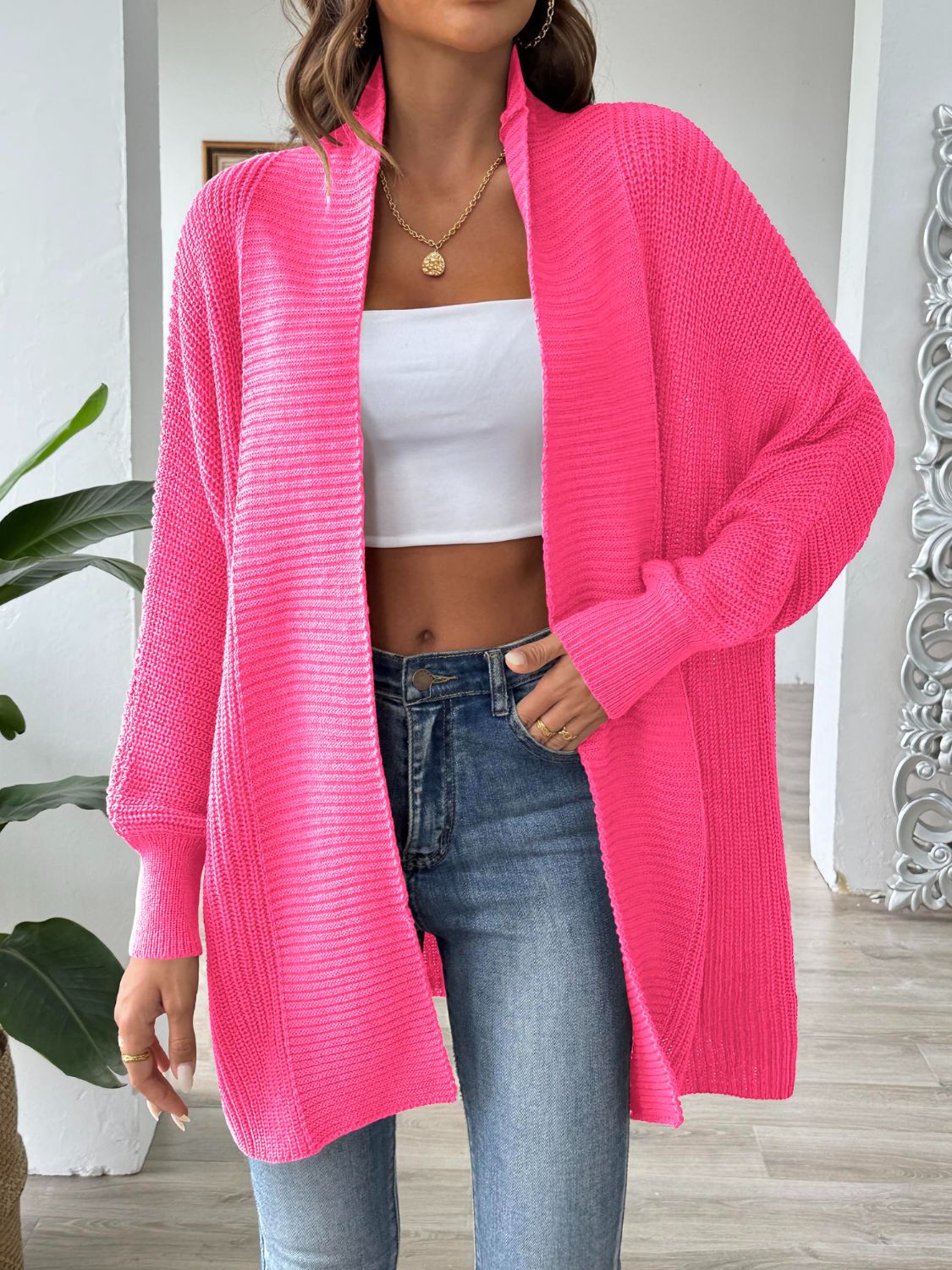 Buy strawberry Open Front Long Sleeve Cardigan