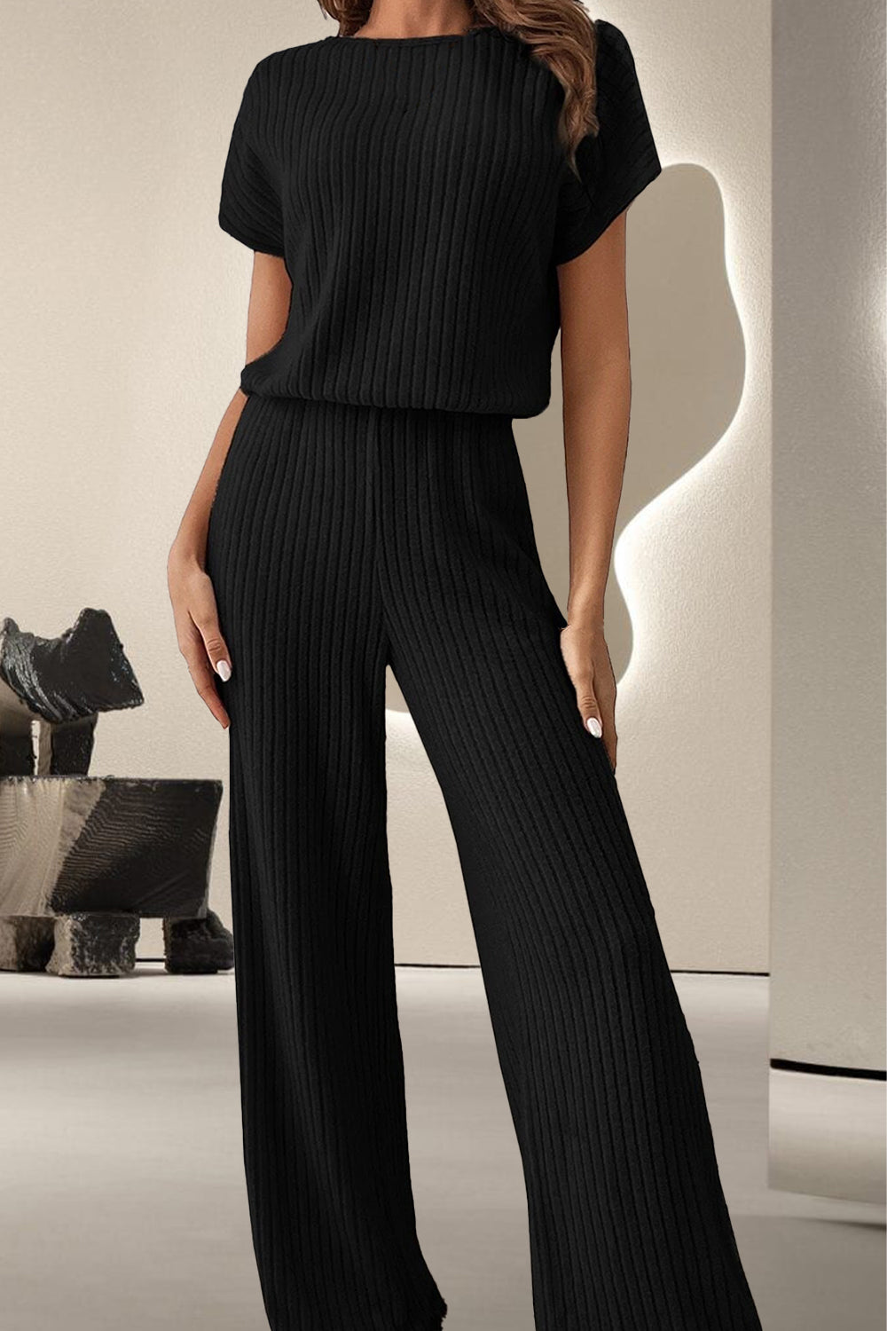 Buy black Round Neck Short Sleeve Jumpsuit