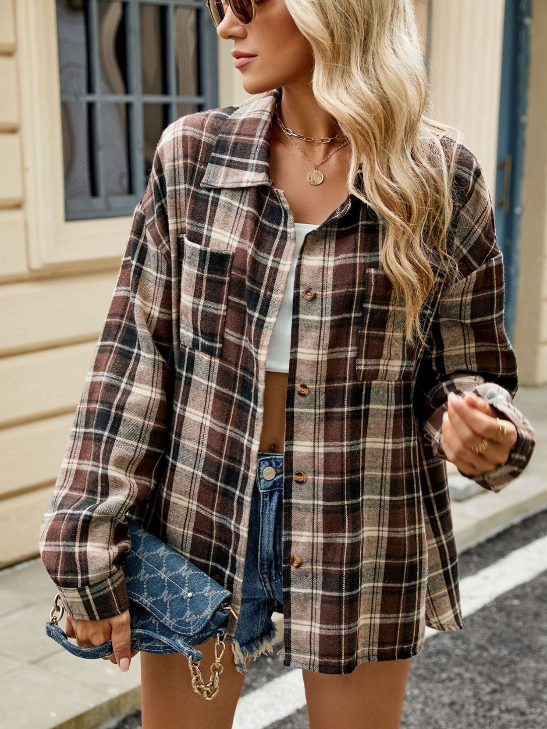 Buy brown Plaid Collared Neck Long Sleeve Shirt