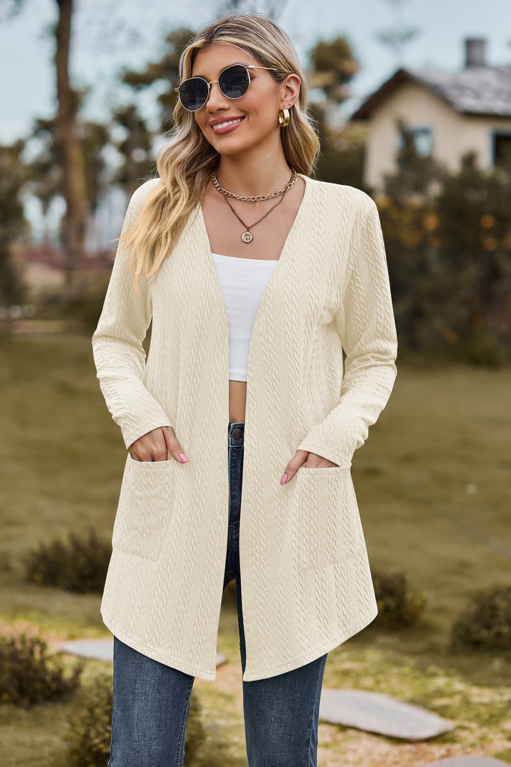 Buy cream Cable-Knit Long Sleeve Cardigan with Pocket