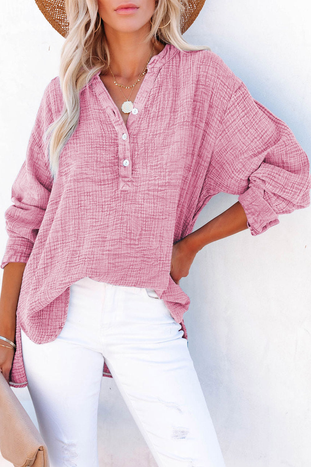 Buy dusty-pink Buttoned Long Sleeve Blouse