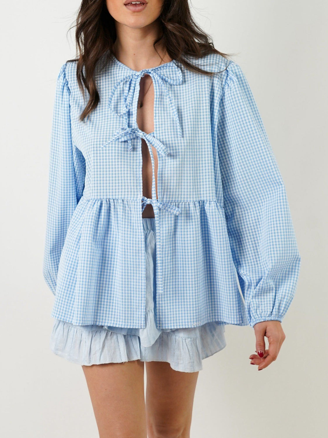 Buy light-blue Tied Round Neck Long Sleeve Blouse