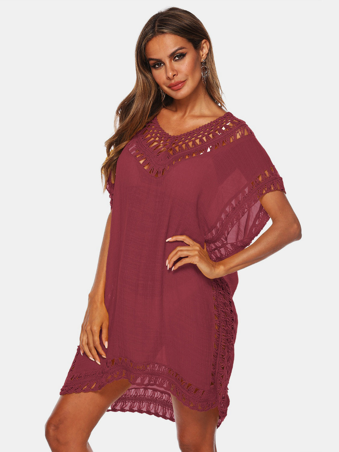 Buy burgundy Cutout V-Neck Short Sleeve Cover-Up