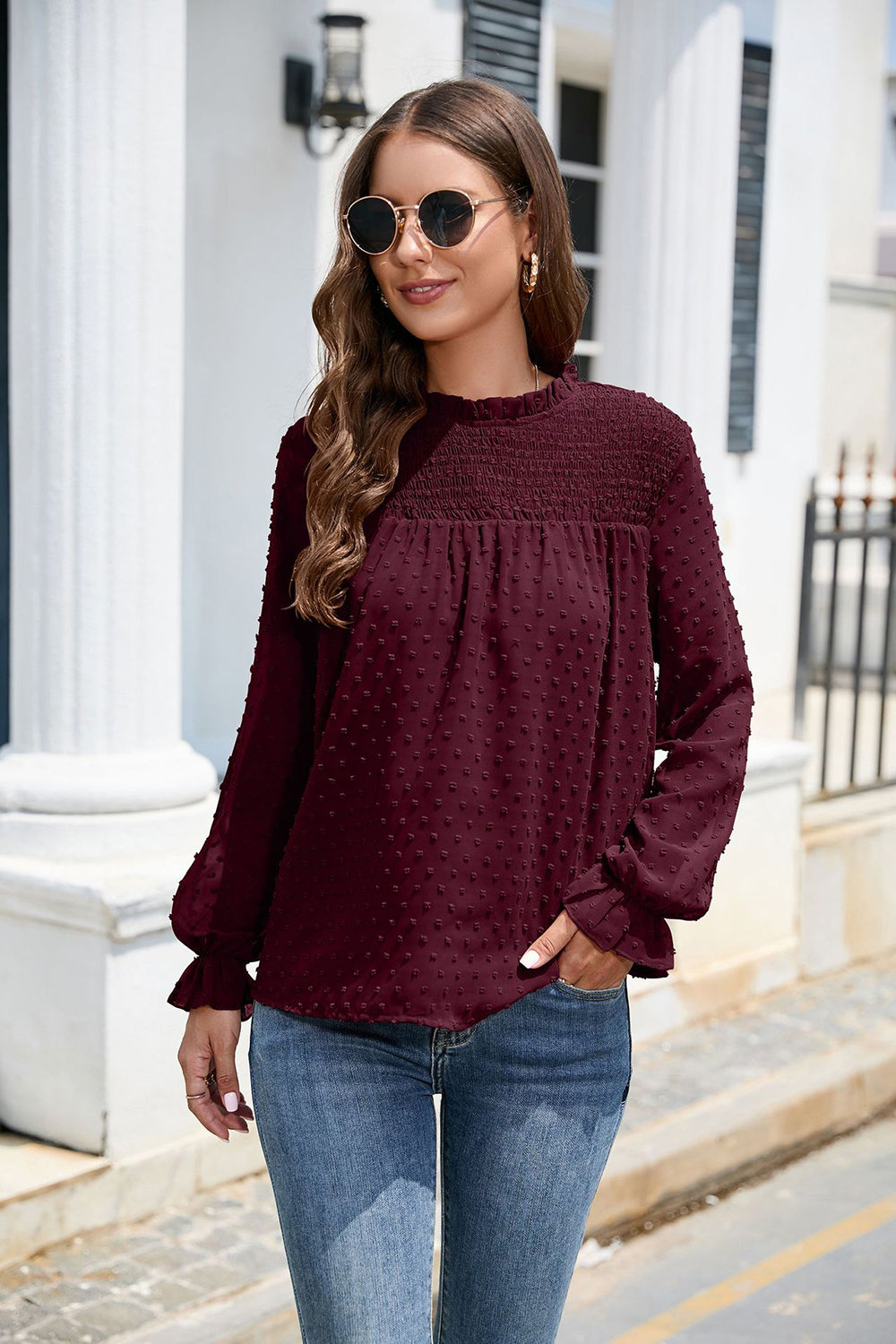 Buy wine Smocked Mock Neck Swiss Dot Top