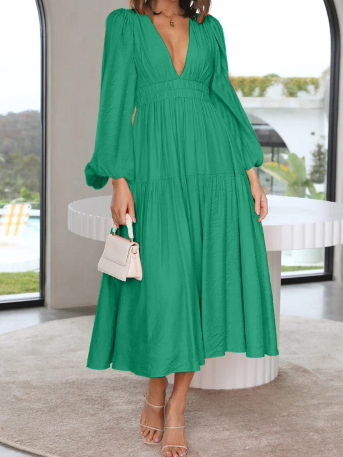 Buy green Deep V-Neck Balloon Sleeve Plain Maxi Dress