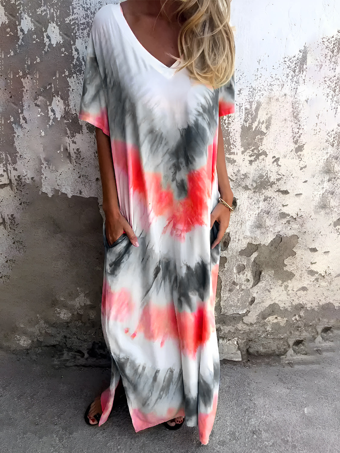 Buy strawberry Full Size Pocketed Tie-Dye Short Sleeve Dress