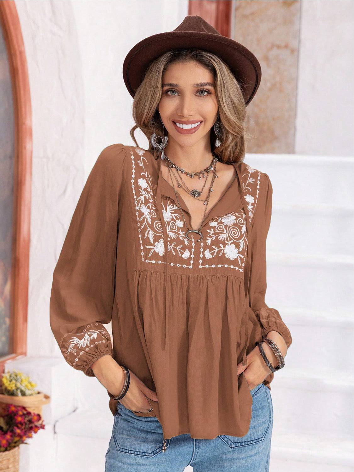 Buy camel Floral Tie Neck Balloon Sleeve Blouse