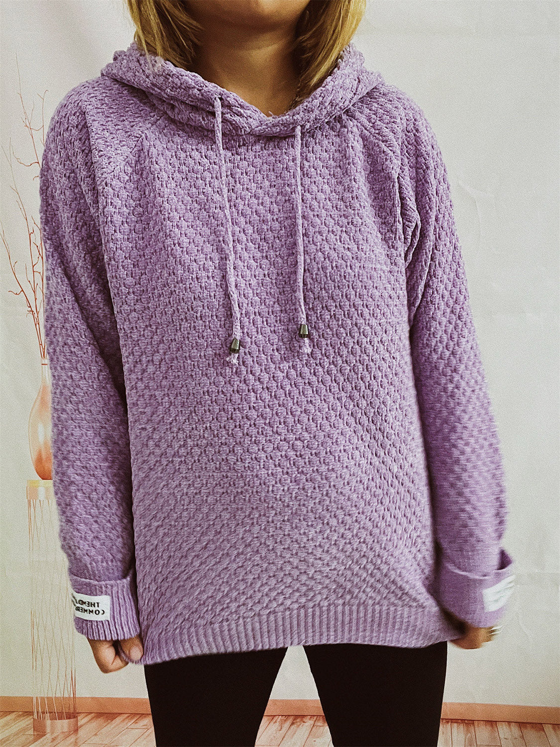 Buy lavender Drawstring Long Sleeve  Hooded Sweater