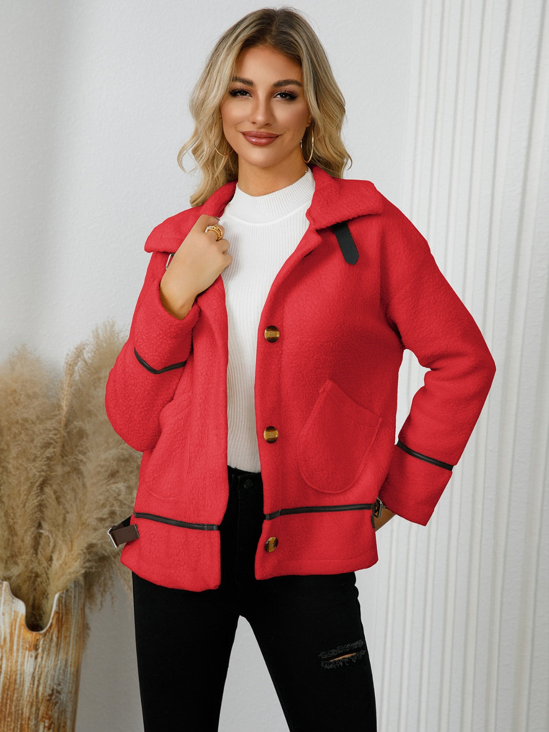 Buy deep-red Pocketed Button Down Collared Neck Jacket