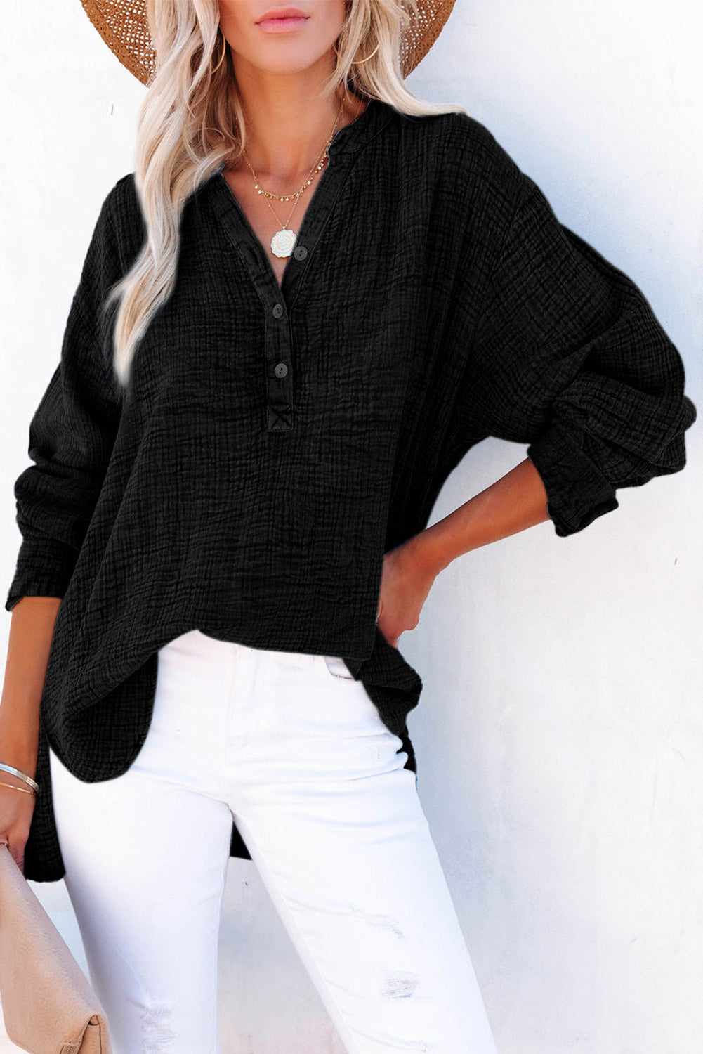 Buy black Buttoned Long Sleeve Blouse