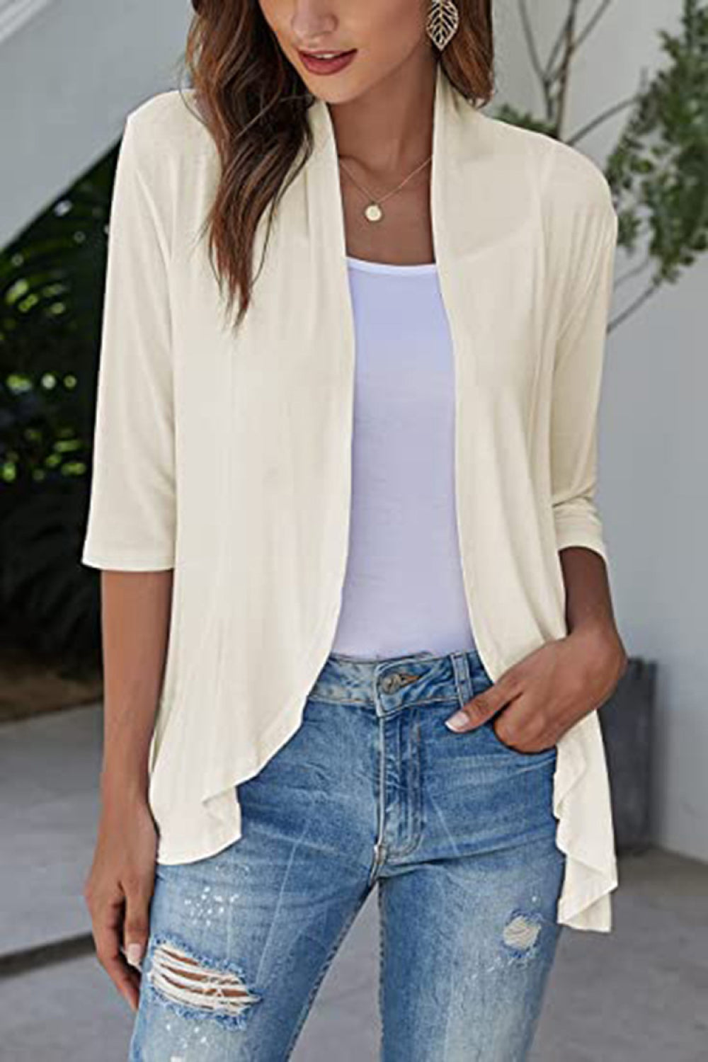 Buy ivory Open Front Ruffle Trim Cardigan