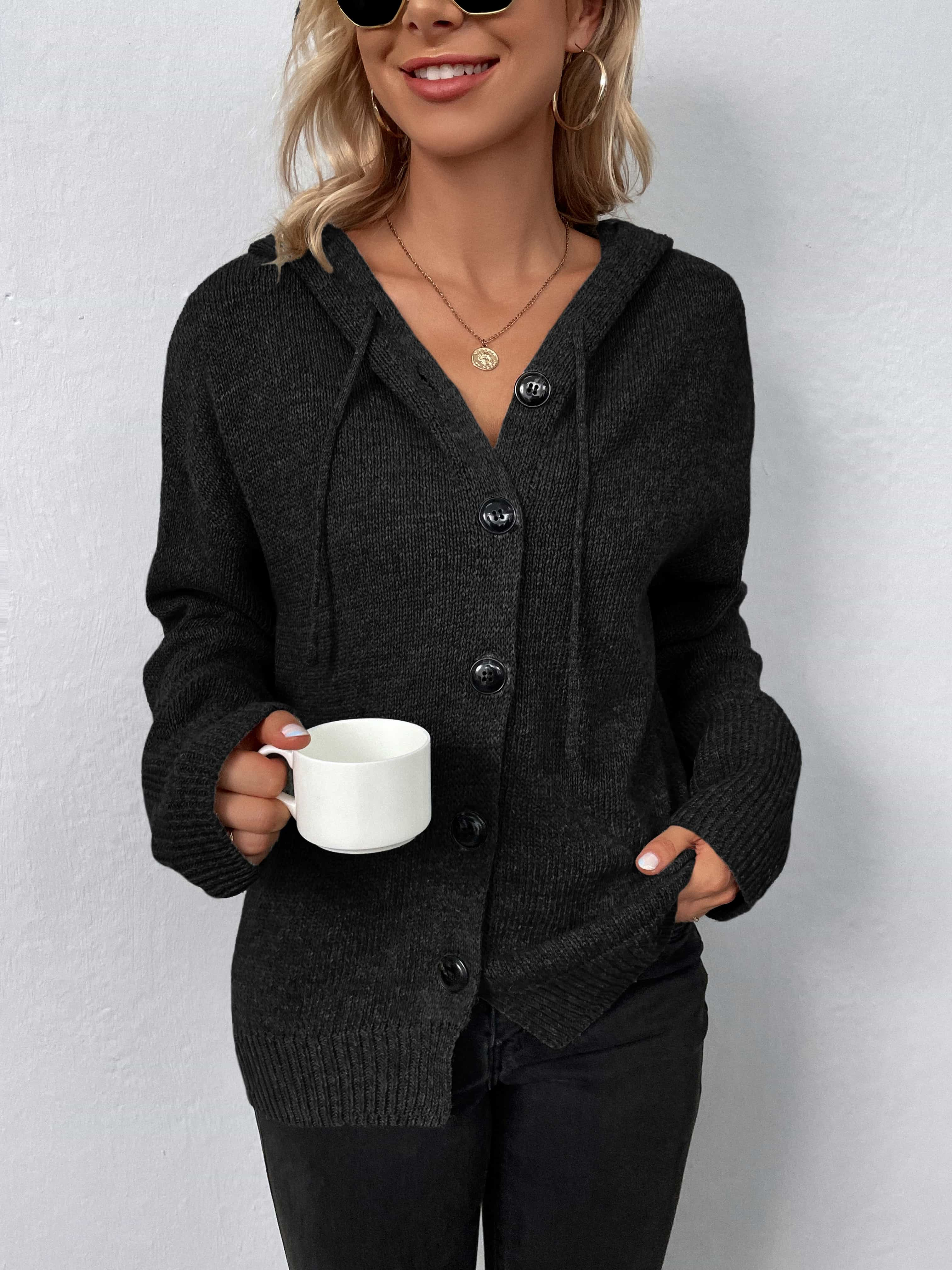 Buy black Button-Down Long Sleeve Hooded Sweater