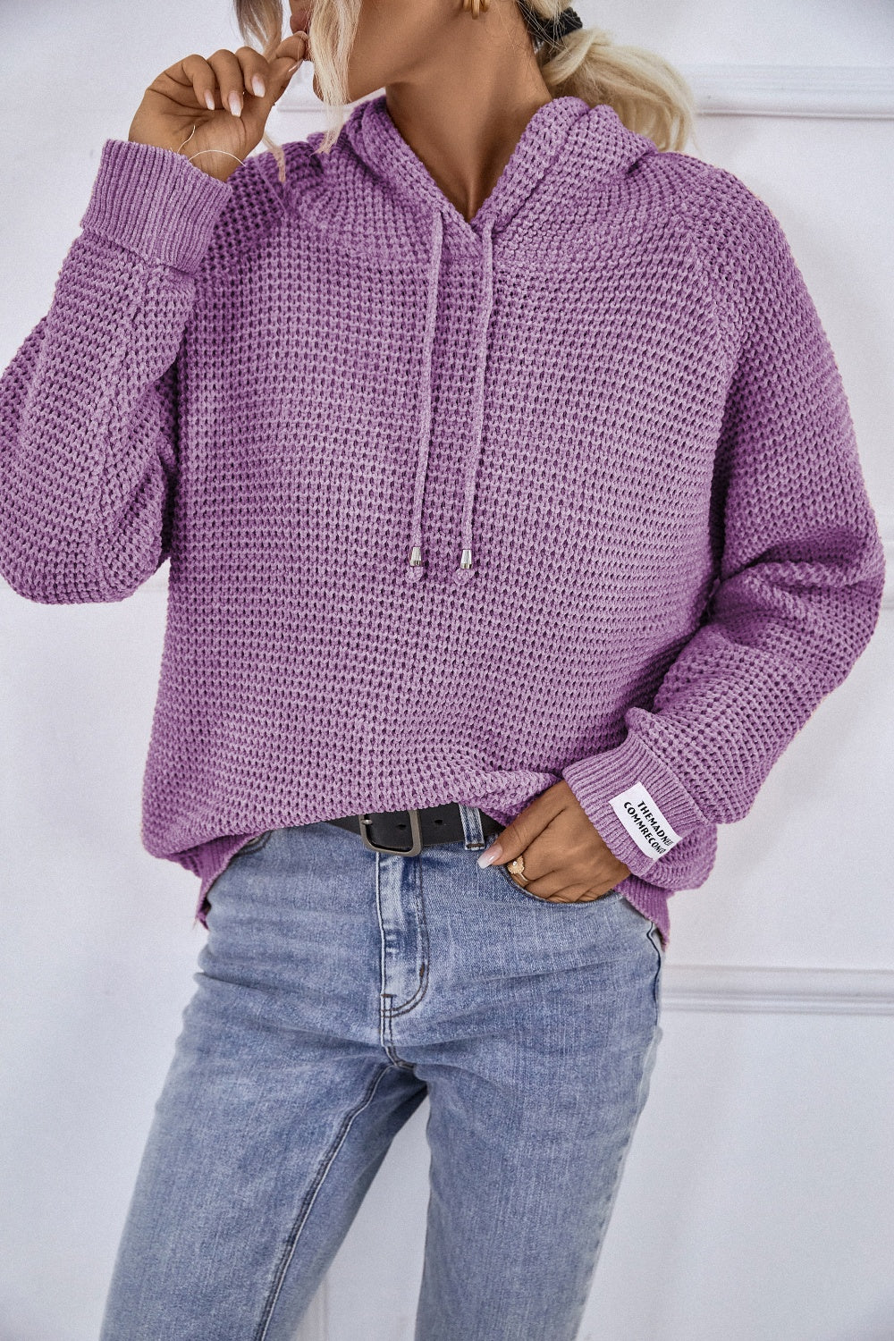 Buy lavender Drawstring Long Sleeve Hooded Sweater