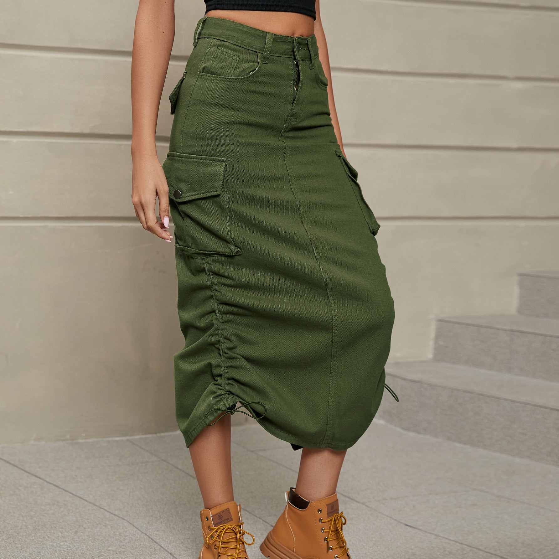 Buy army-green Drawstring Ruched Slit Denim Midi Skirt