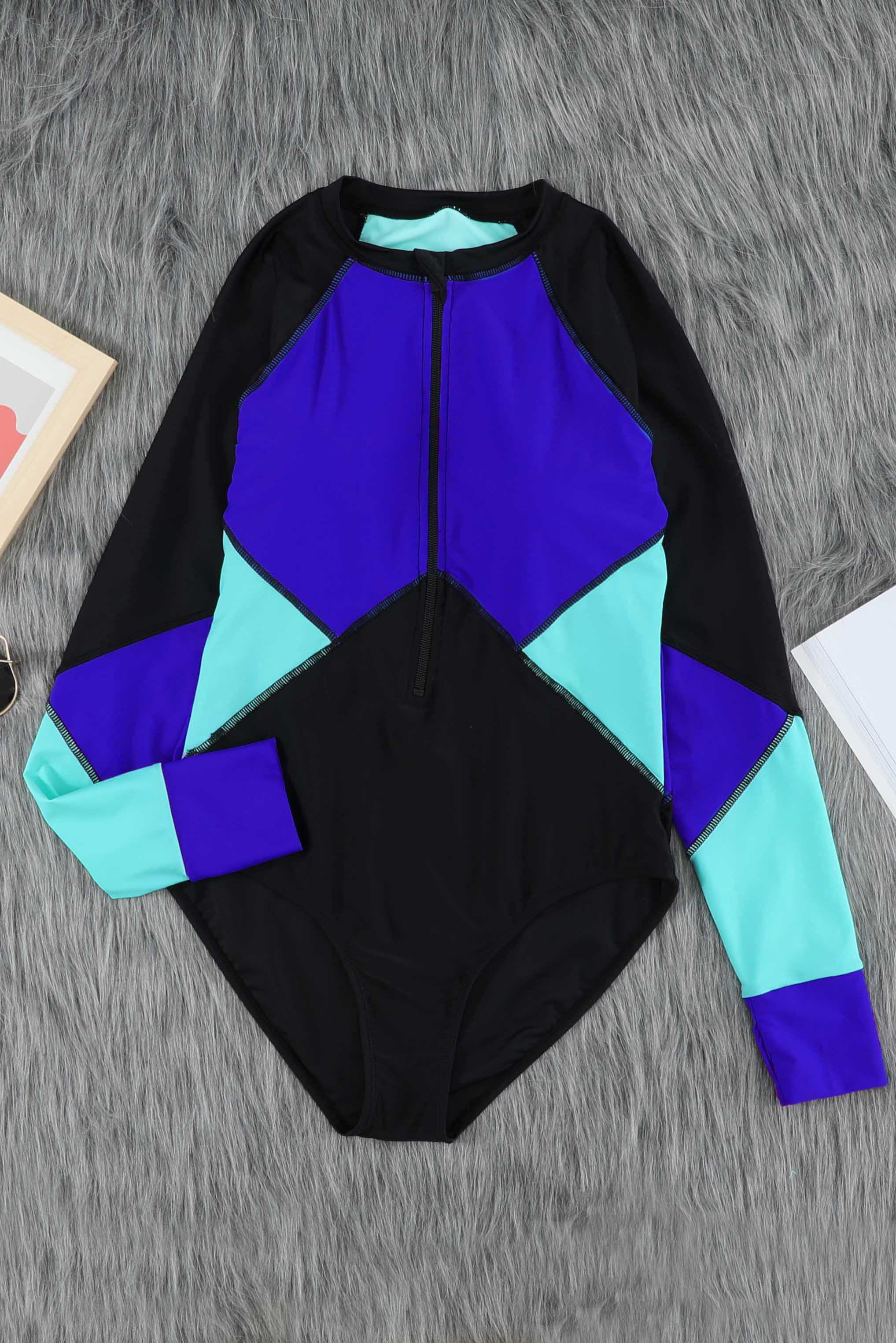 Buy blue Color Block Half Zip Long Sleeve One-Piece Swimsuit