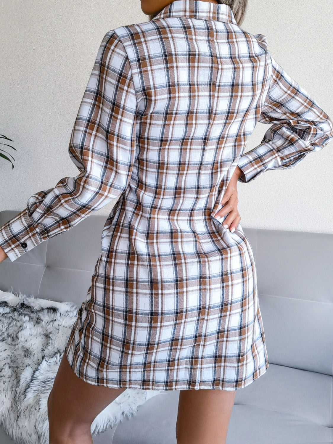 Tied Plaid Long Sleeve Mini Shirt Dress