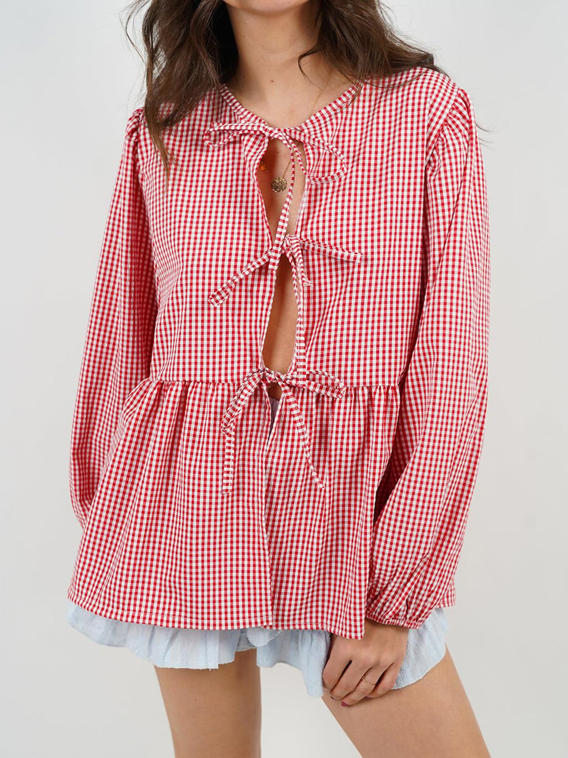 Buy red Tied Round Neck Long Sleeve Blouse