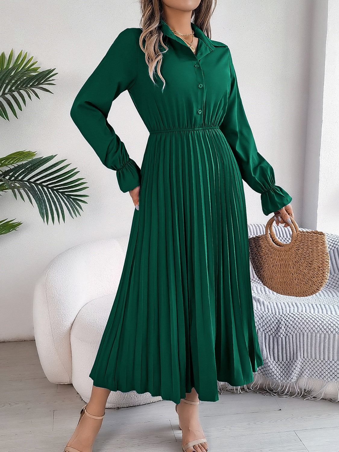 Buy dark-green Pleated Half Button Long Sleeve Midi Dress