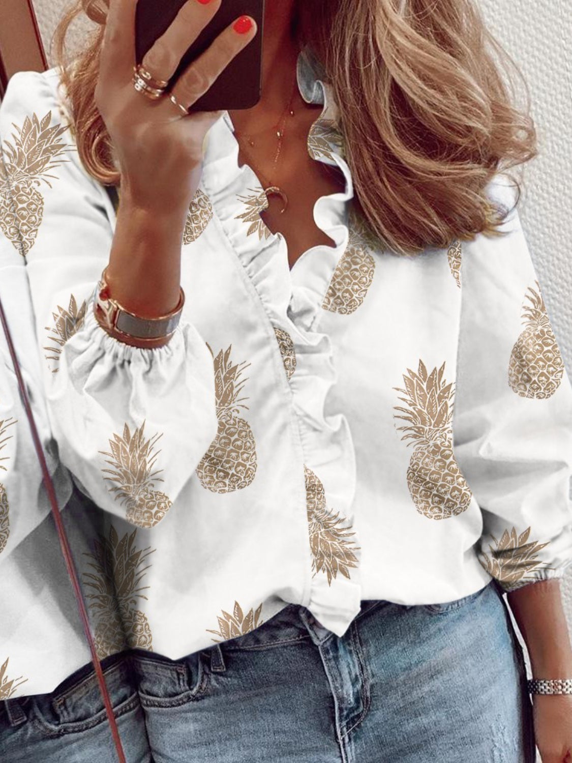 Buy cream Ruffled Printed V-Neck Long Sleeve Blouse