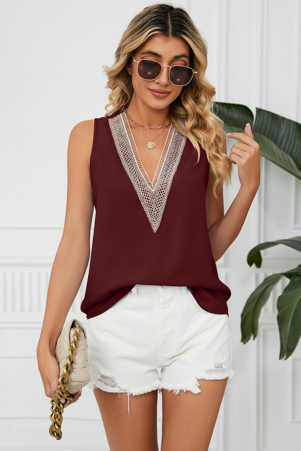 Buy wine Contrast Trim Plunge Sleeveless Blouse