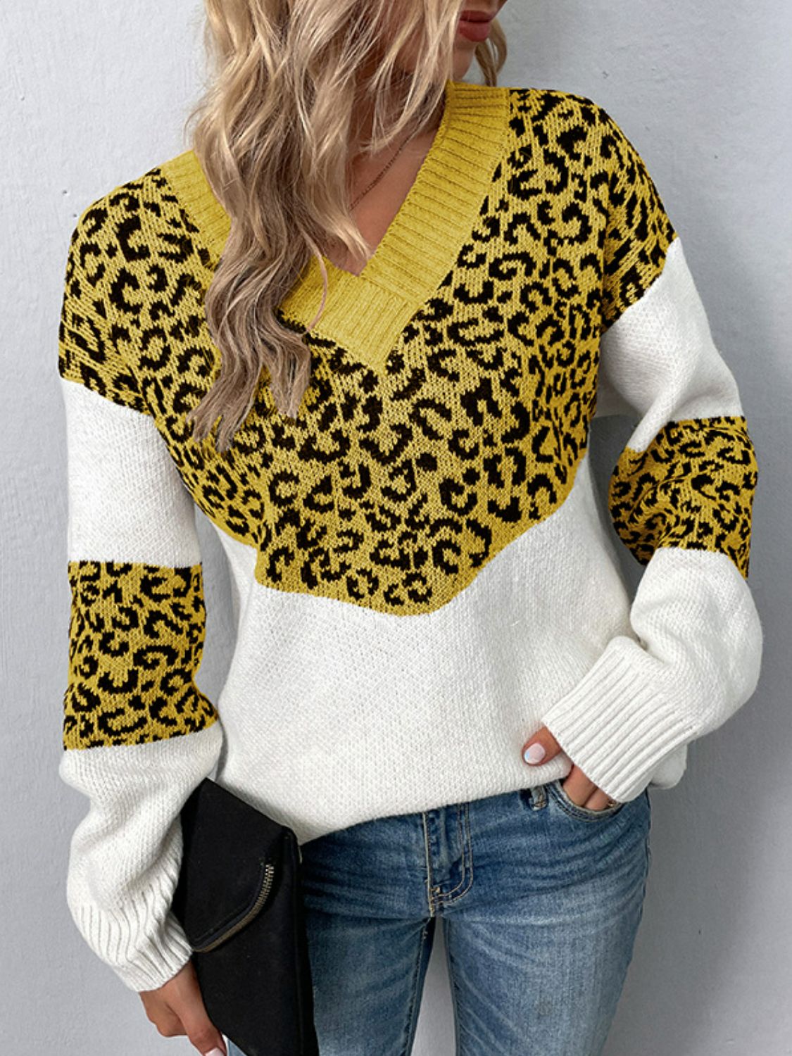 Buy honey Leopard V-Neck Dropped Shoulder Sweater