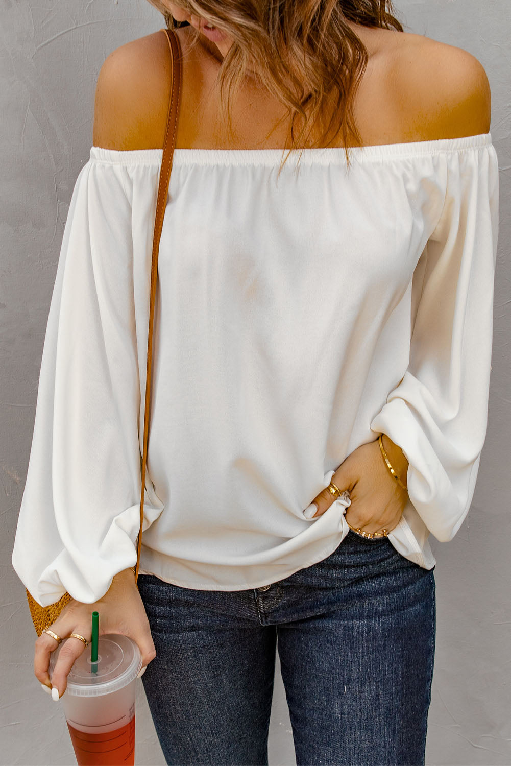 Buy white Off-Shoulder Balloon Sleeve Top