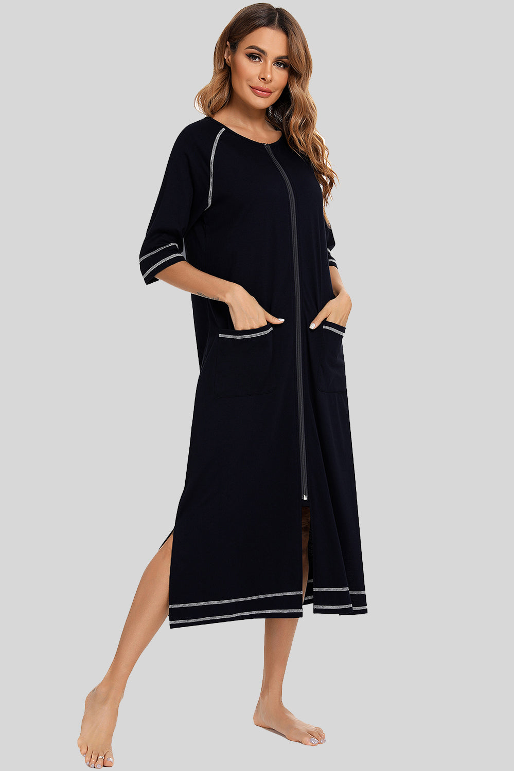 Buy black Zip Up Slit Round Neck Night Dress with Pockets