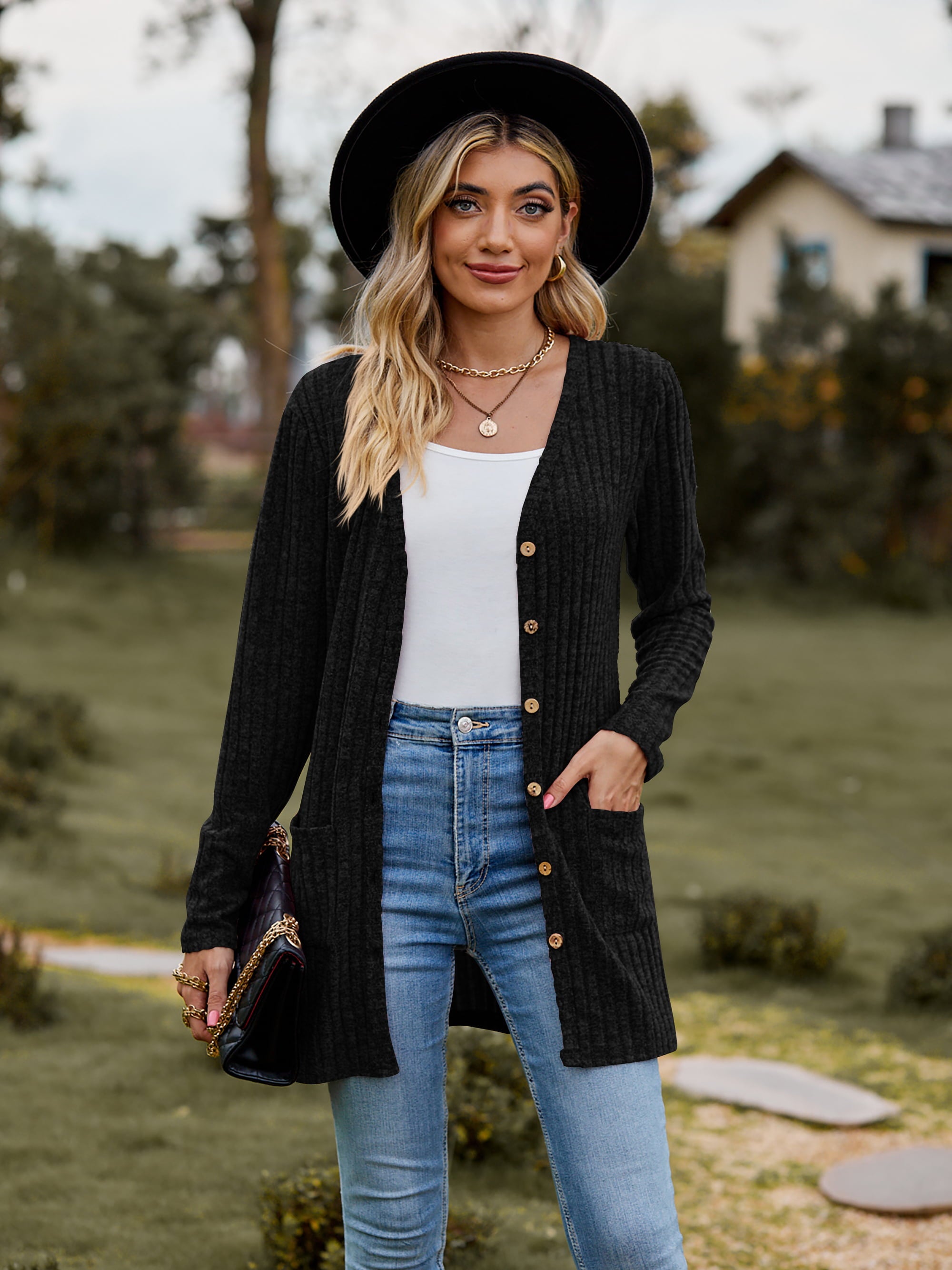 Buy black Ribbed Button-Up Cardigan with Pockets