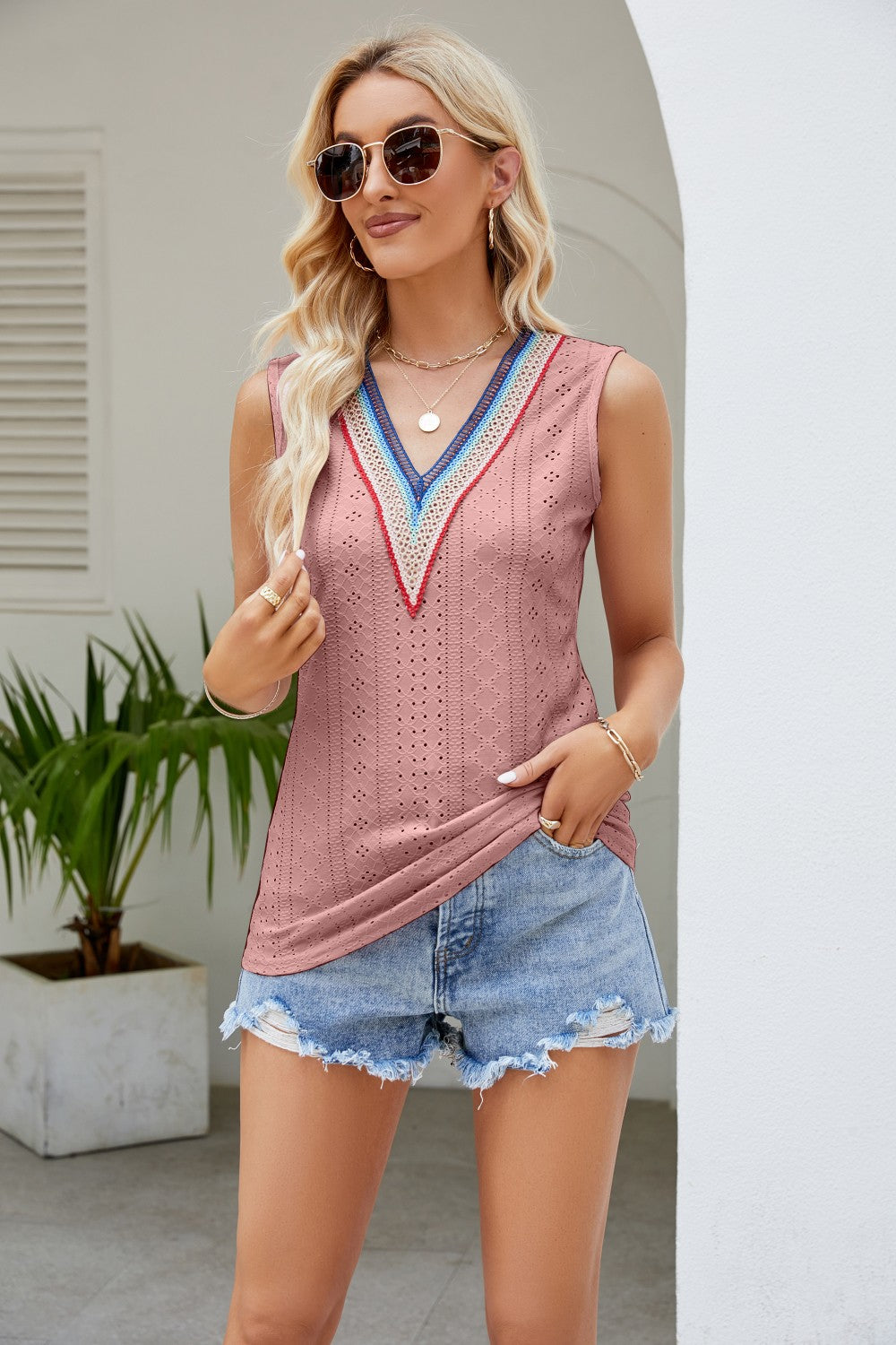 Buy dusty-pink Contrast V-Neck Eyelet Tank