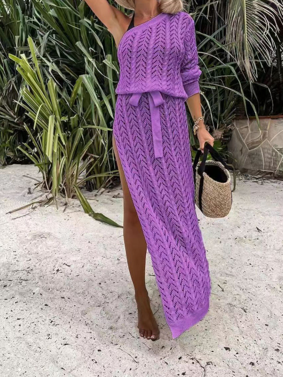 Buy purple Slit Openwork Single Shoulder Knit Dress