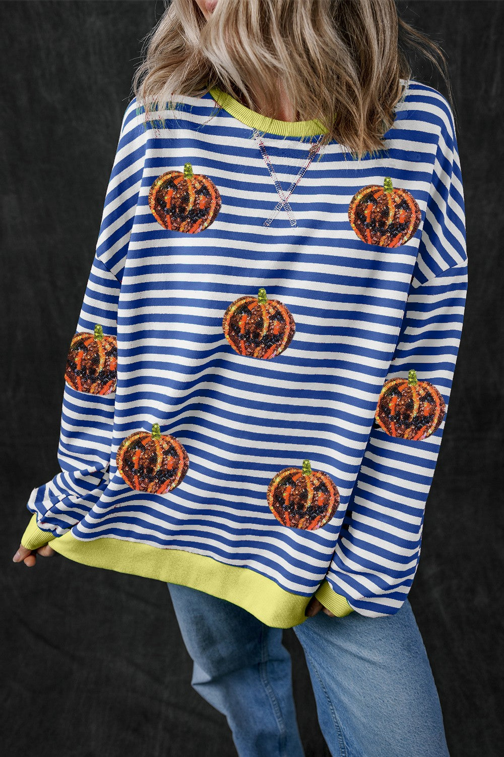 Buy navy Pumpkin Striped Round Neck Long Sleeve Sweatshirt