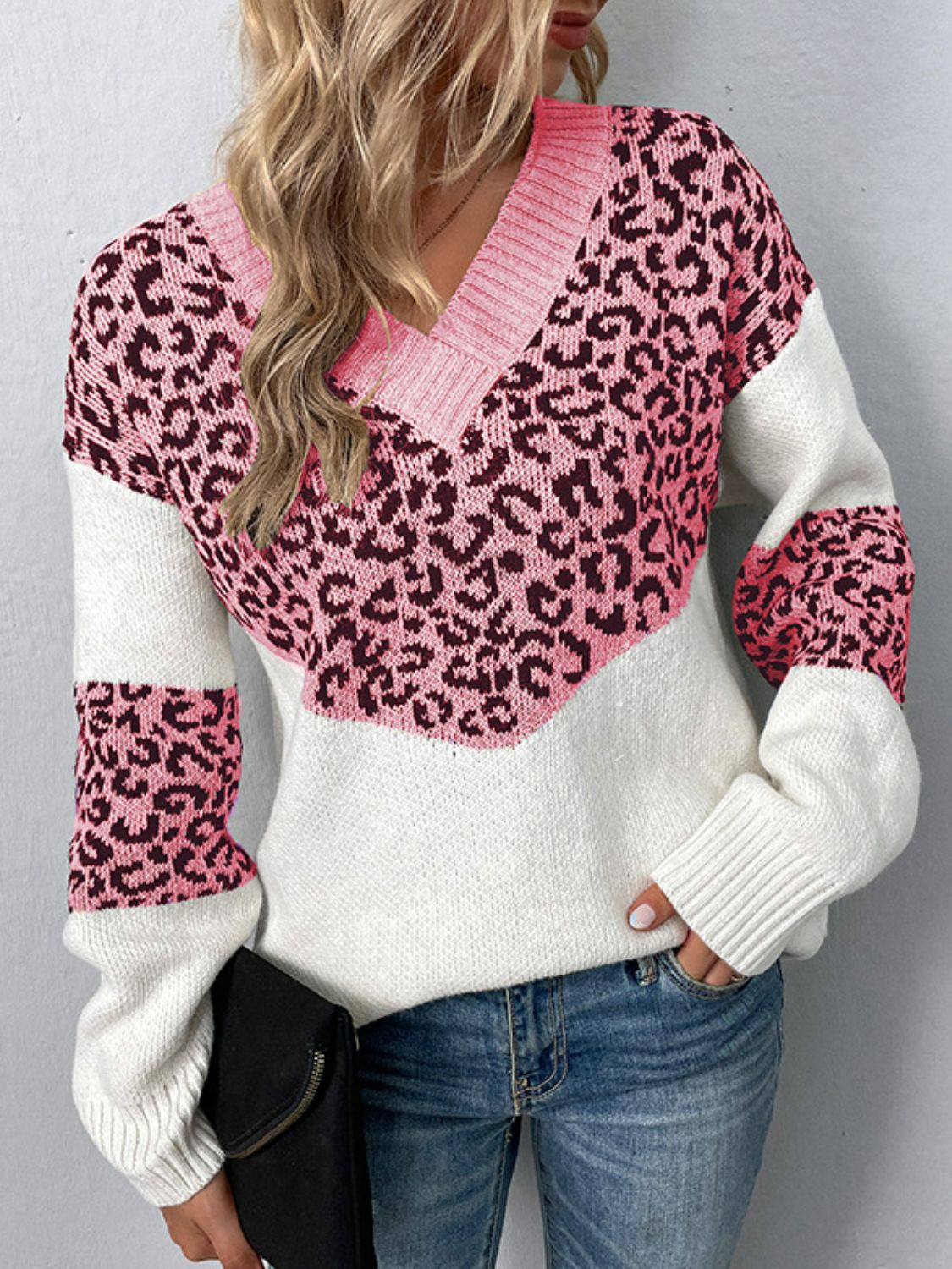 Buy blush-pink Leopard V-Neck Dropped Shoulder Sweater