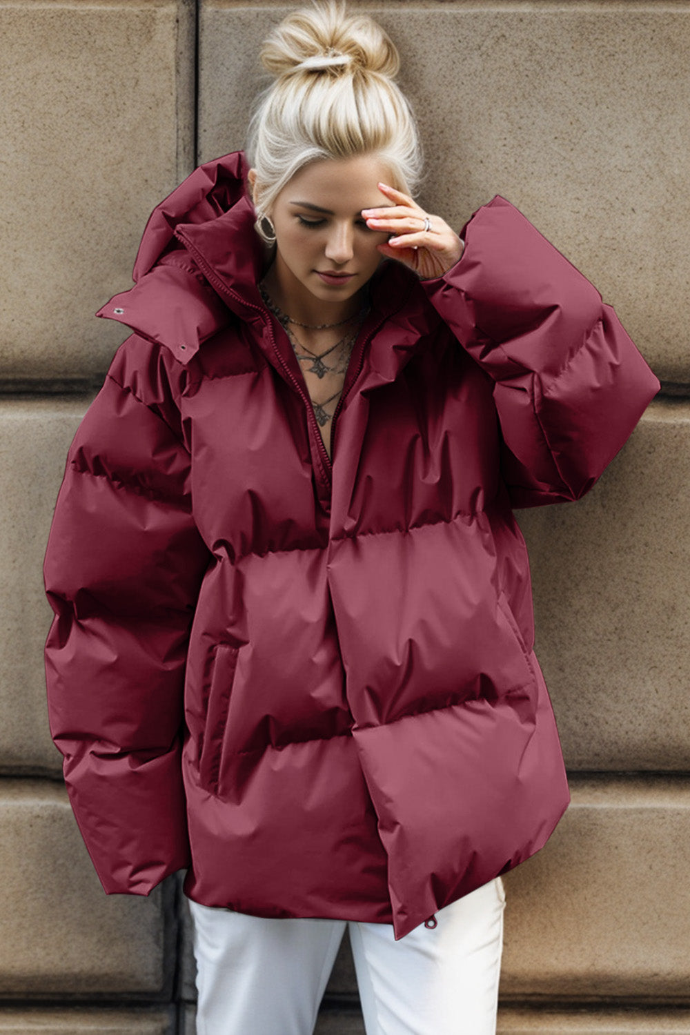 Buy burgundy Pocketed Zip Up Hooded Puffer Jacket