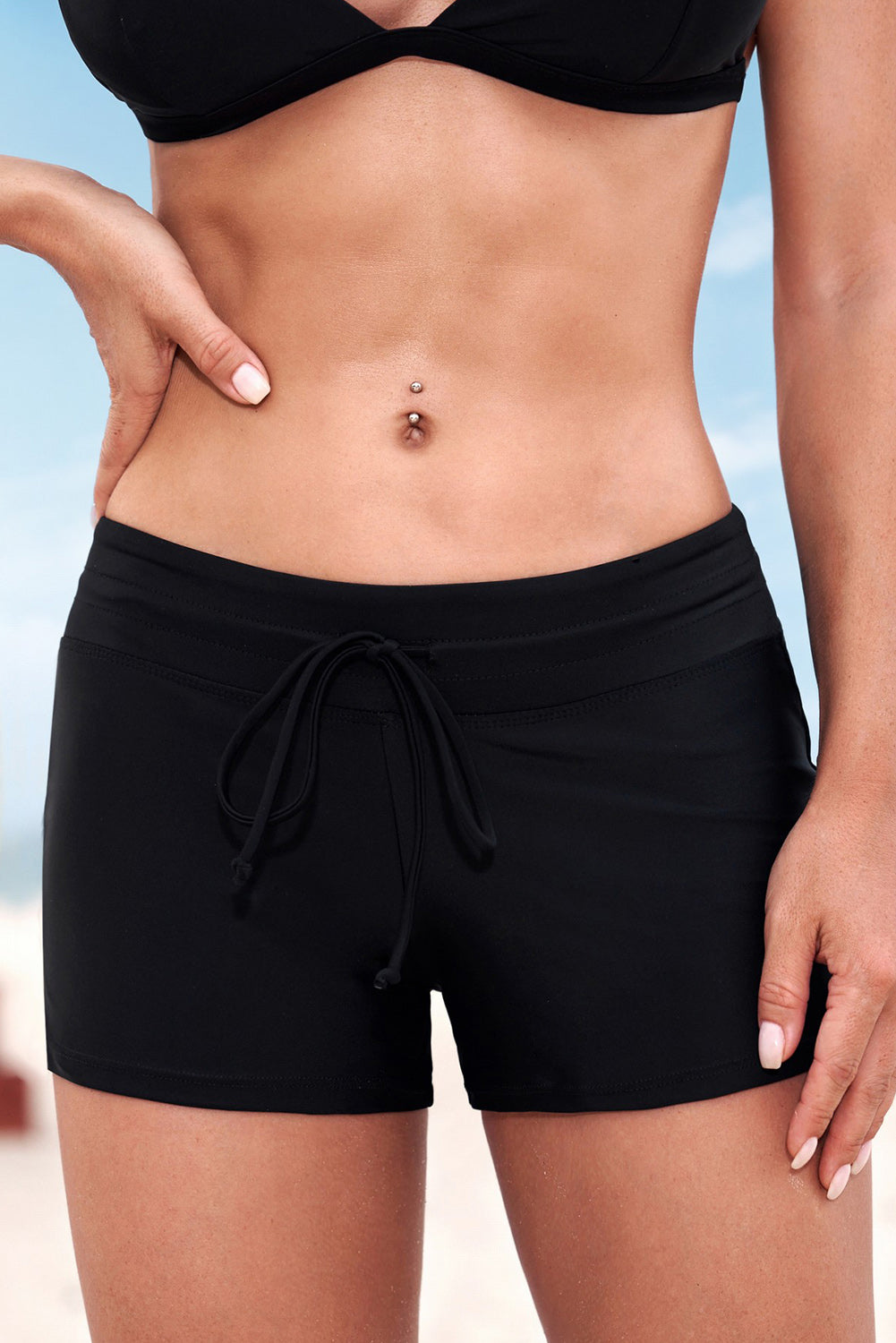 Buy black Full Size Run Contrast Drawstring Swim Bottoms