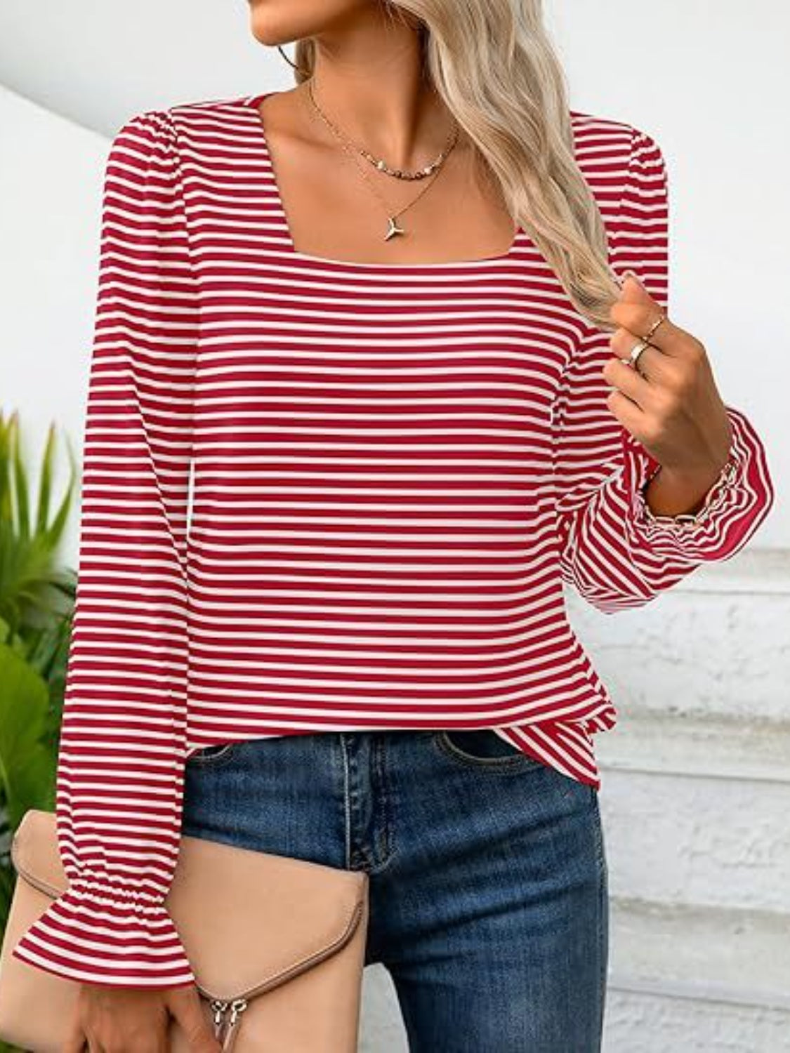 Buy deep-red Striped Square Neck Flounce Sleeve Top