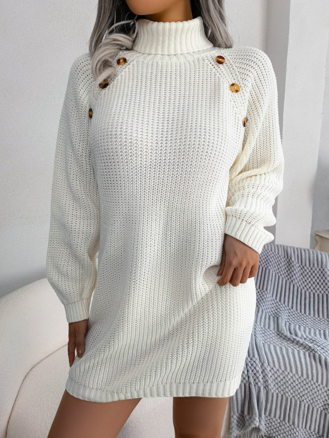 Buy white Decorative Button Turtleneck Sweater Dress